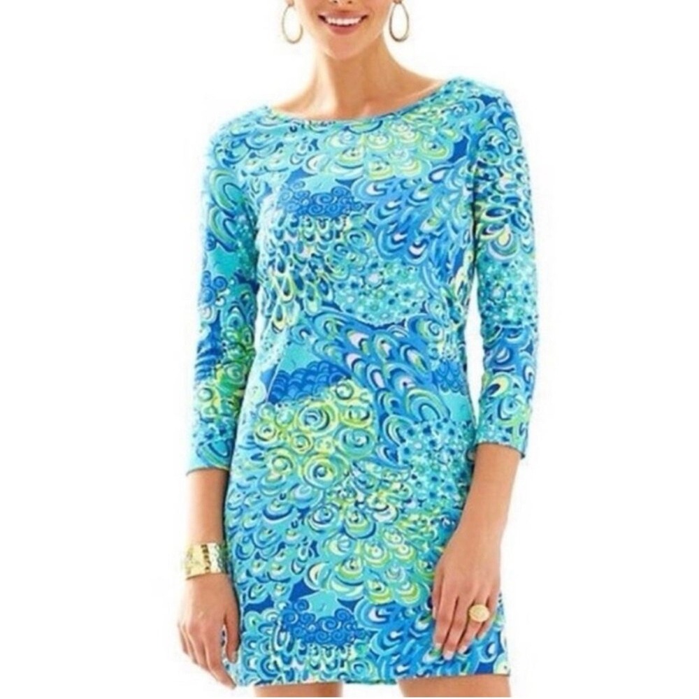 Lilly Pulitzer Marlowe Dress Women L Blue Green Peacock Print Long Sleeve Rayon